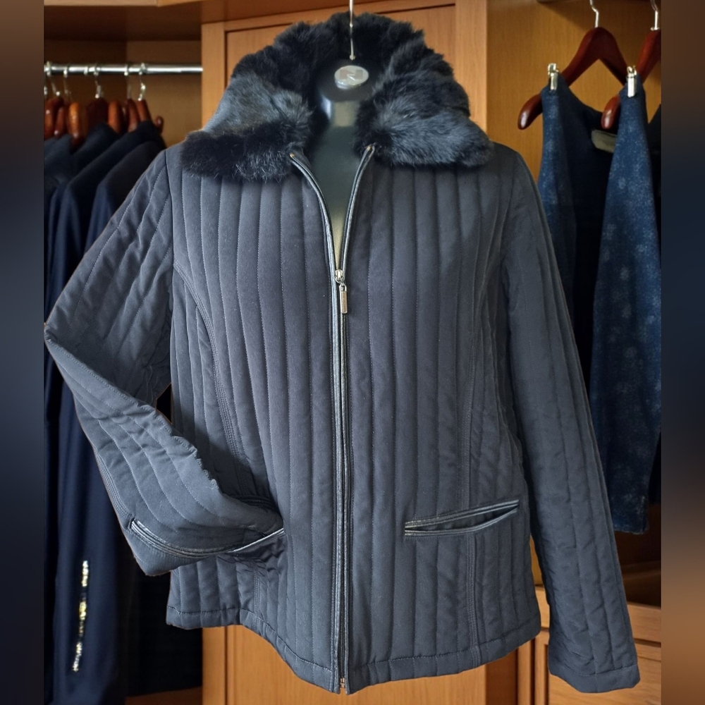 Women's Black Quilted Jacket with Genuine Rabbit Fur Detachable Collar
